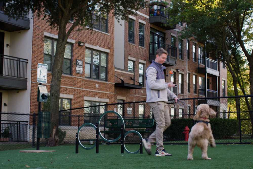 Resident with there dog in dog park  at Trinity Bluff & Trinity District in Fort Worth, Texas