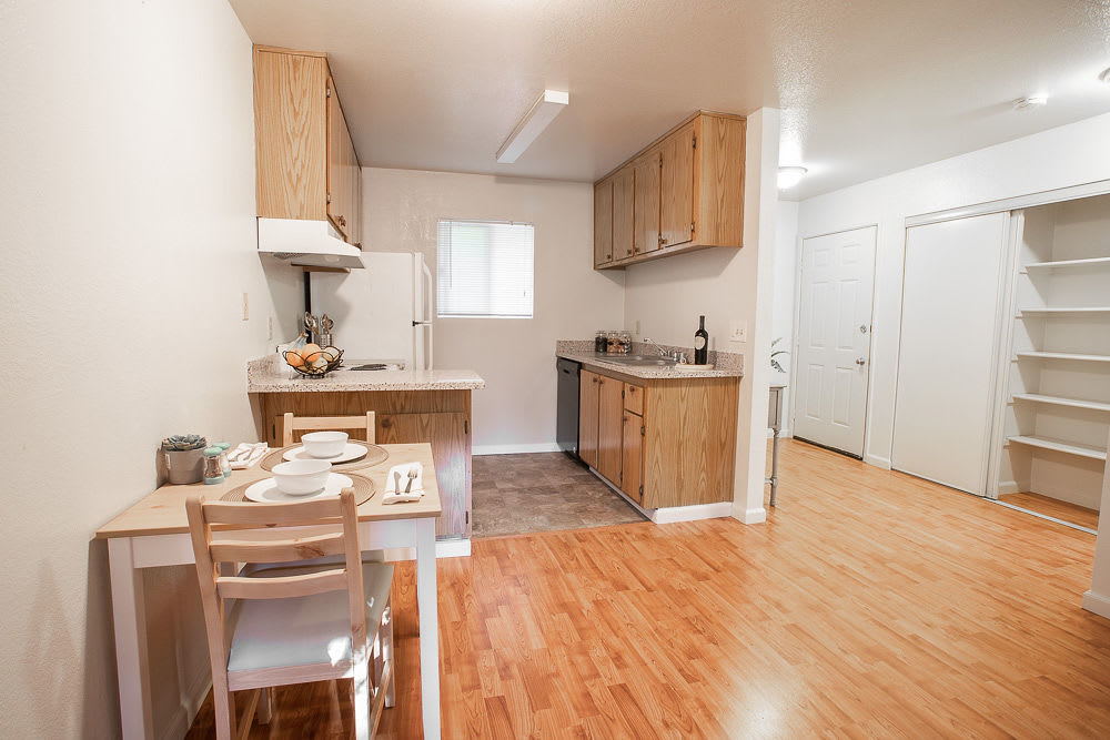 View of modern kitchen at Walnut Apartments in Santa Rosa, California