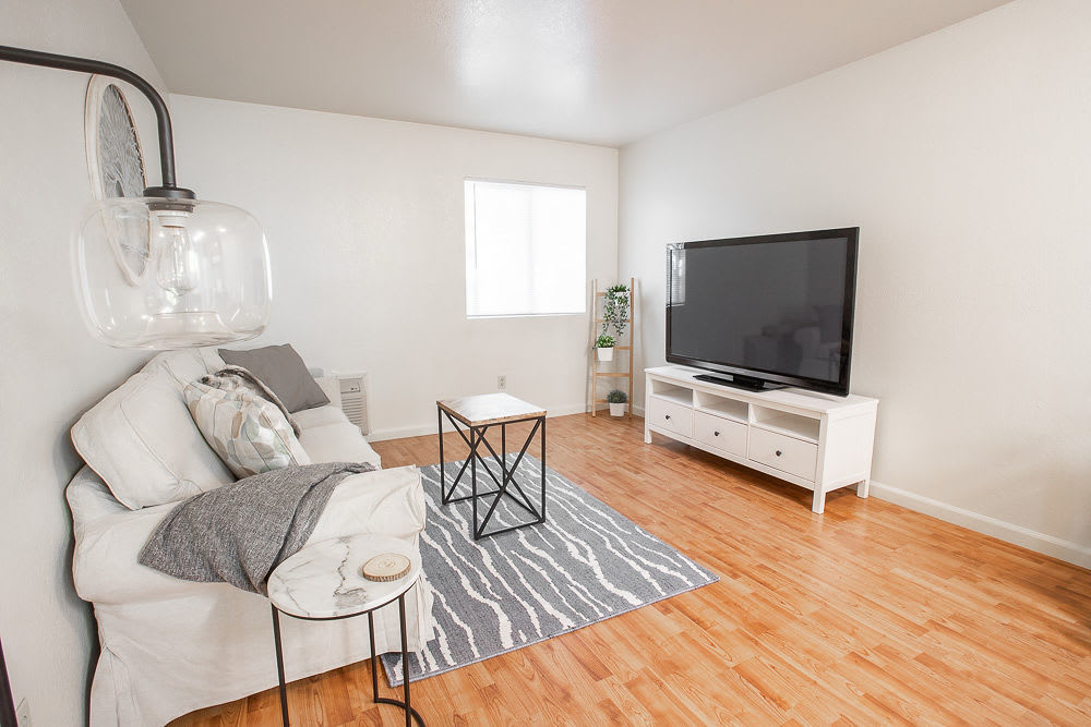 View of living room with couch and carpet at Walnut Apartments in Santa Rosa, California