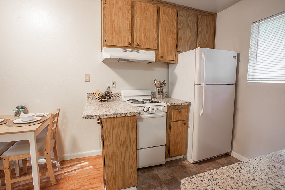 Kitchen with fridge at Walnut Apartments in Santa Rosa, California