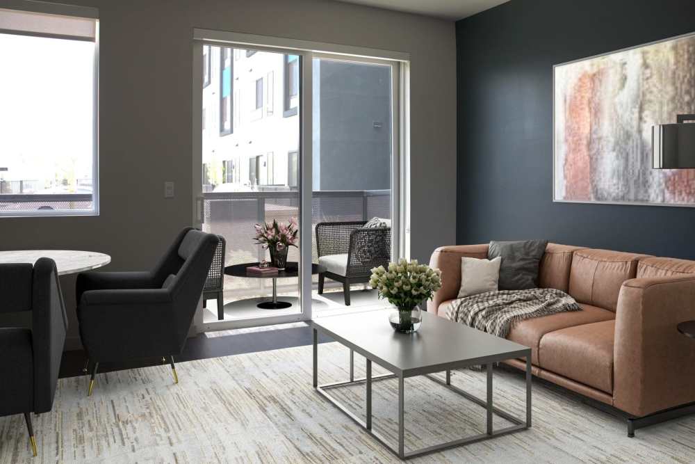 Modern living room with couch at Reno Experience District in Reno,