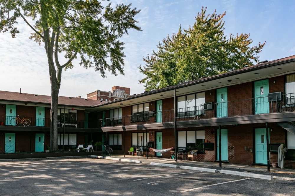 Exterior building with parking lots at Detroit Living in Detroit, 