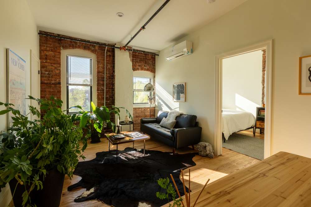 Living room with unique interiors at Detroit Living in Detroit,Michigan