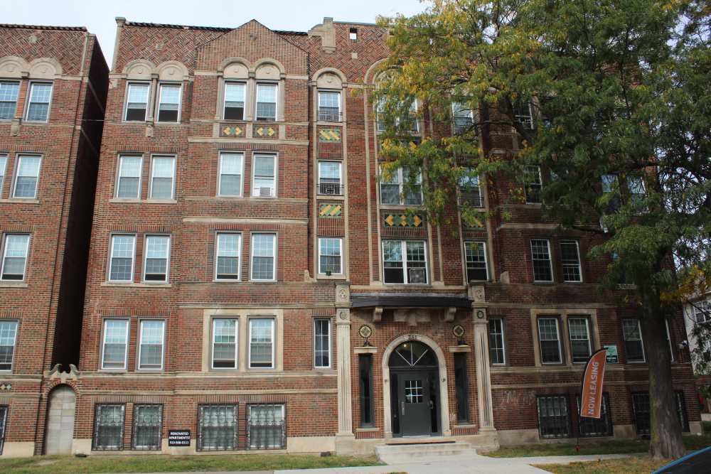 Building exterior with brick-like texture at Detroit Living in Detroit,Michigan