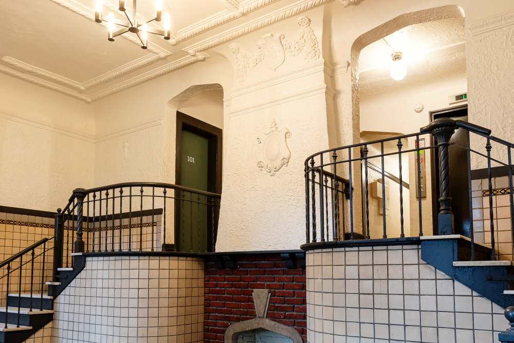 Property access through the lobby at Detroit Living in Detroit,Michigan
