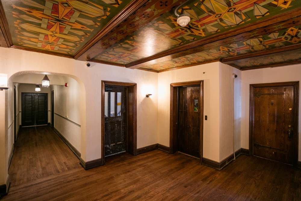 Apartment room with unique ceiling at Detroit Living in Detroit,Michigan