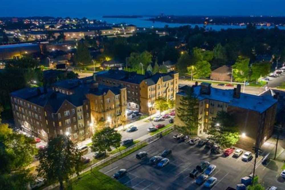 Night view of the neighborhood at Detroit Living in Detroit,Michigan