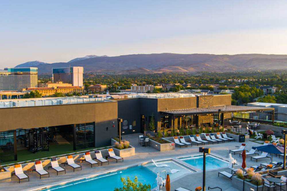 Aerial view of the pool at Reno Experience District in Reno, Nevada
