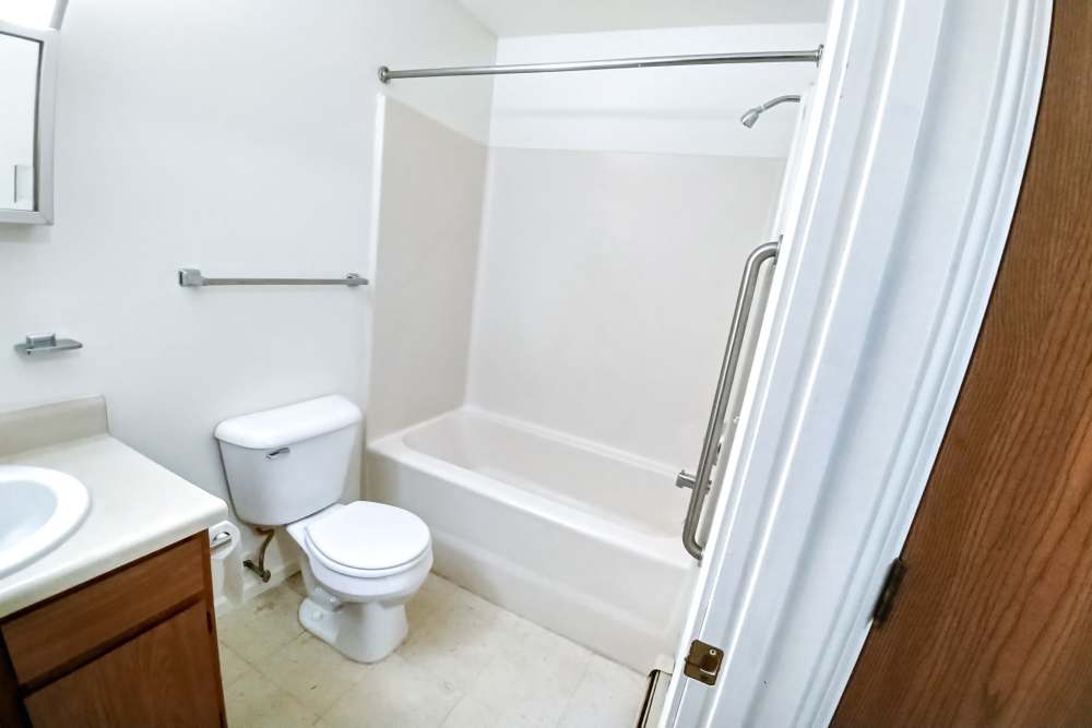 Bathroom with hard flooring, waterfall and faucet sink at Mill Pond (Brooklyn) in Brooklyn, Michigan