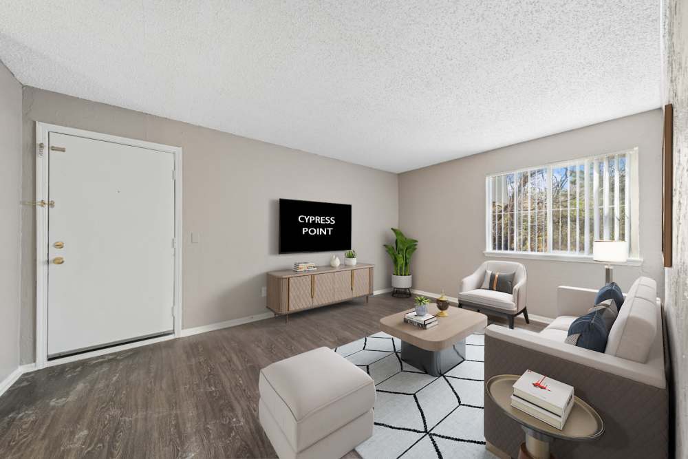 Different angle of spacious living room showing a door at the left side of a television at Cypress Point Apartments in Shawnee, Oklahoma