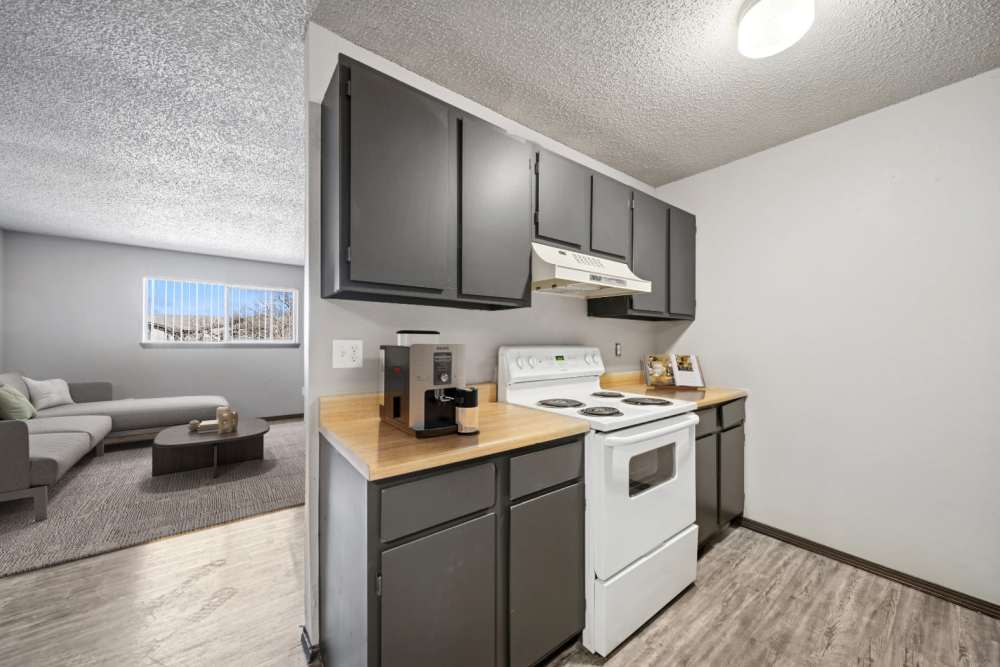 Kitchen area showcaseing the hardwood hanging cabinets and other appliances at Sherwood Pointe Apartments in Shawnee, Oklahoma
