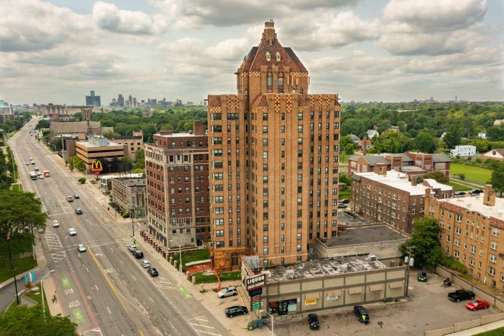 Aerial view of property building at Detroit Living in Detroit,Michigan
