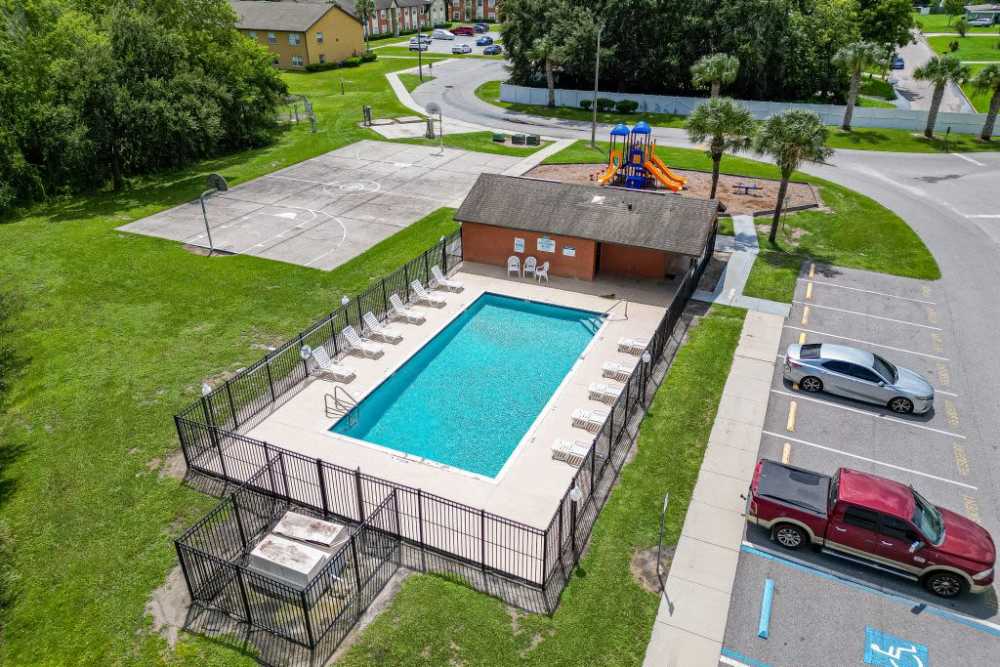 Pool area aerial view at Fox Hollow in Orlando, Florida