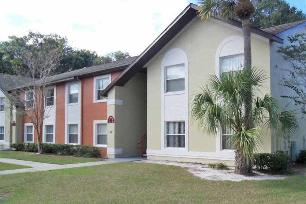 Community exterior view with palm tree at Fox Hollow in Orlando, Florida