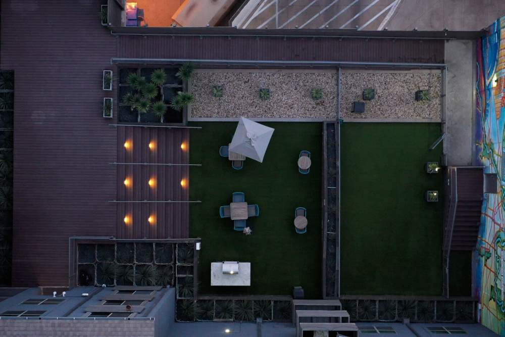 Top view of the community relaxation area at The Lofts At West 7th in Fort Worth,Texas