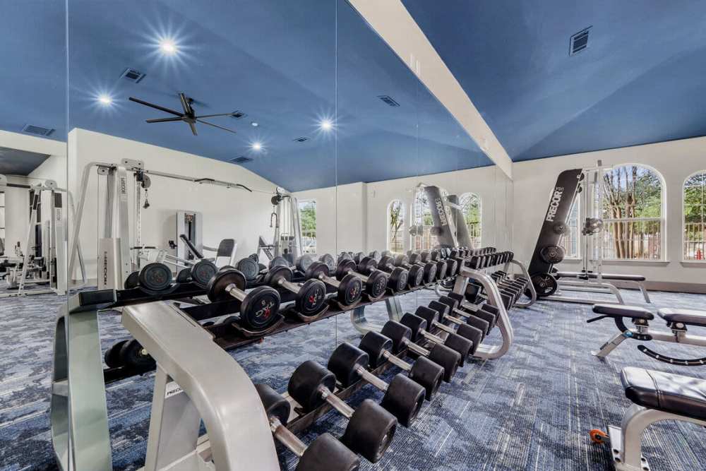 Fitness studio with weights at Seagrove in Conroe, Texas