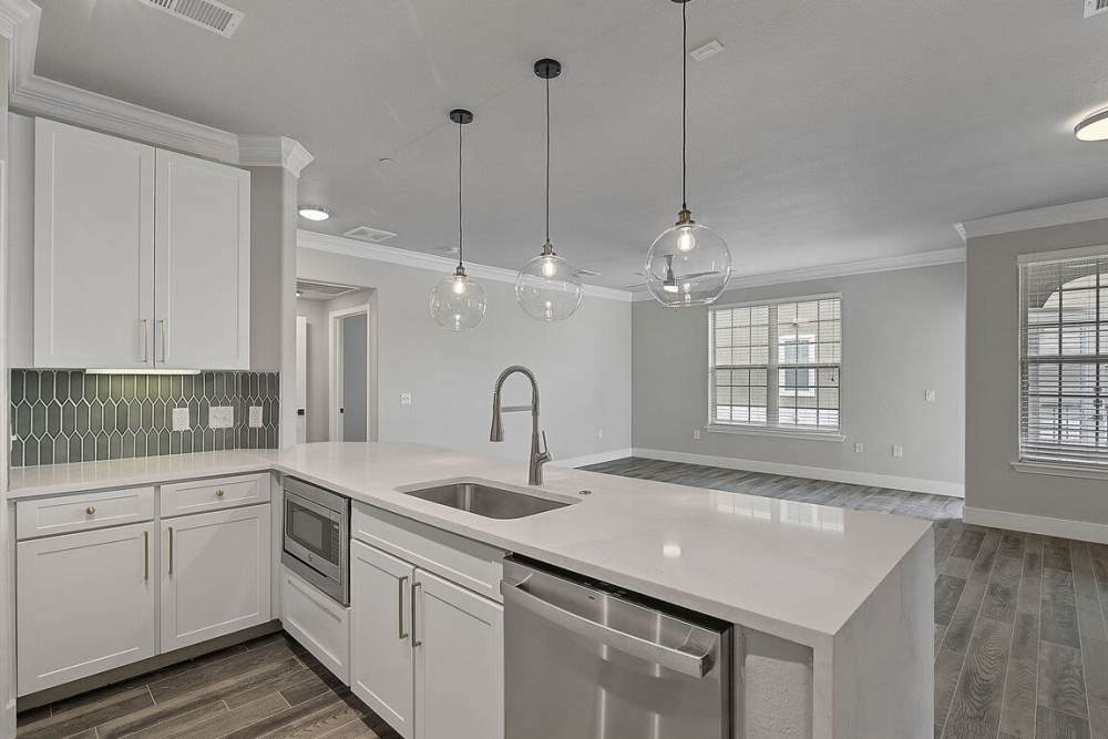 View of modern kitchen at Seagrove in Conroe, Texas