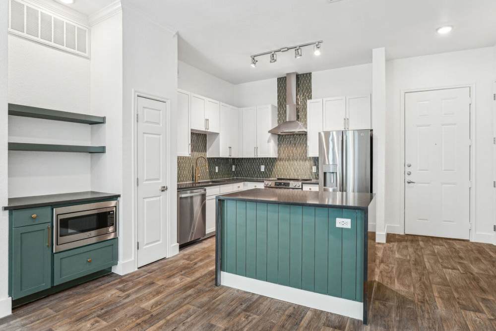 Well-designed kitchen area with stainless-steel appliances at Dorian and Encore in Plano, Texas