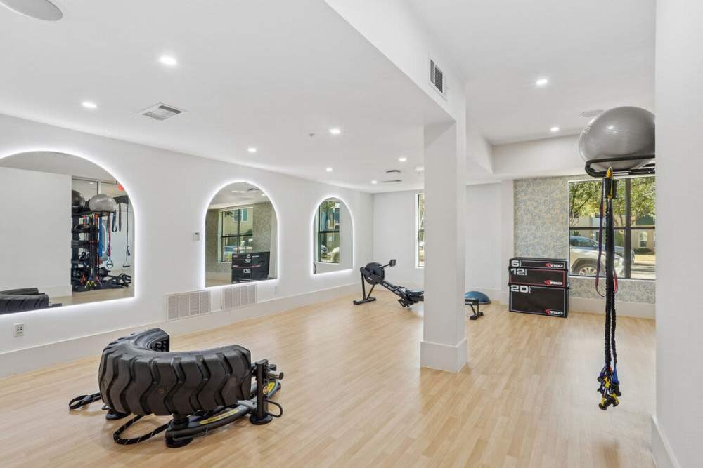 Strength training area in the fitness center at Dorian and Encore in Plano, Texas
