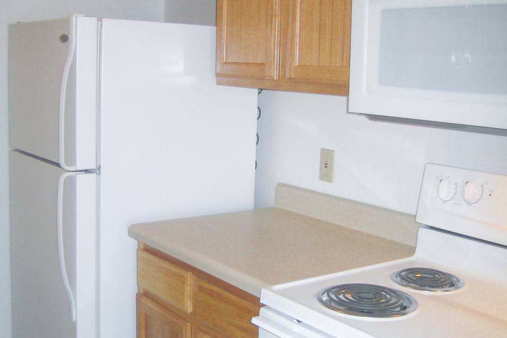 Kitchen with appliances at Mayville Apartments in Mayville, Michigan