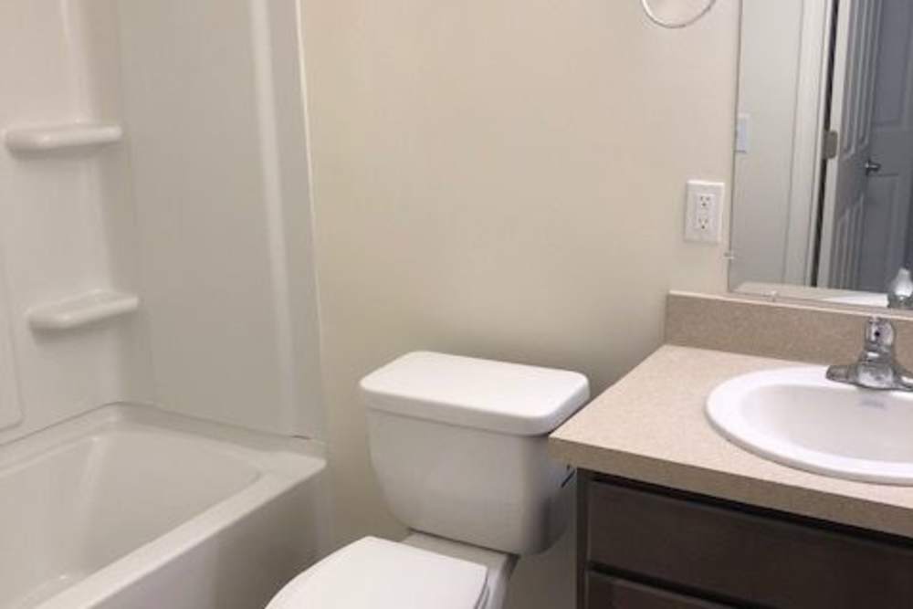 Bathroom with mirror and counter at Franklin Pointe in Reed City,