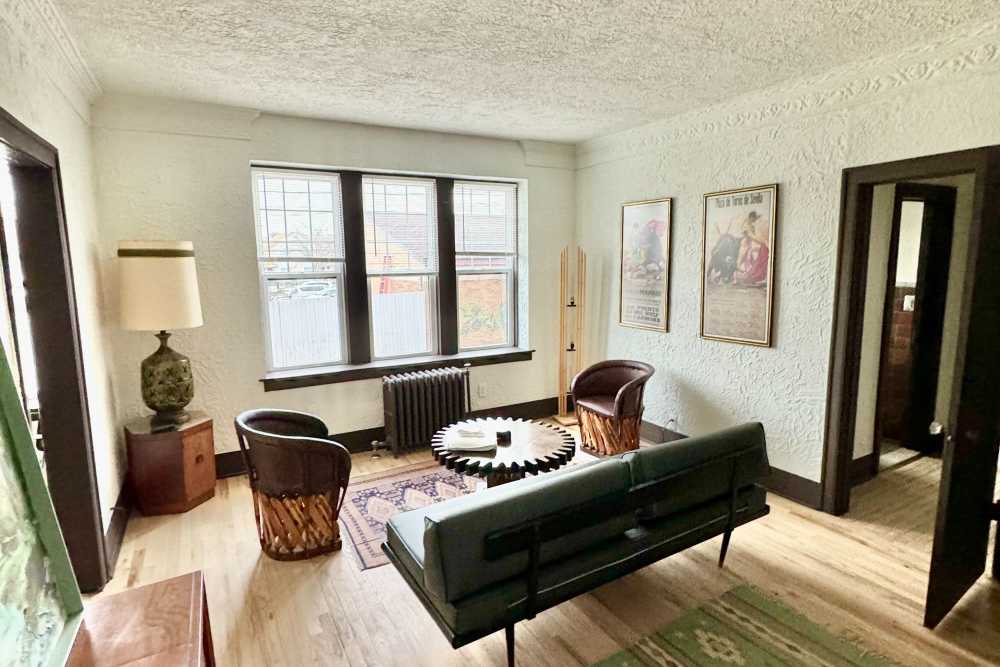 Modern living room at Detroit Living in Detroit, Michigan