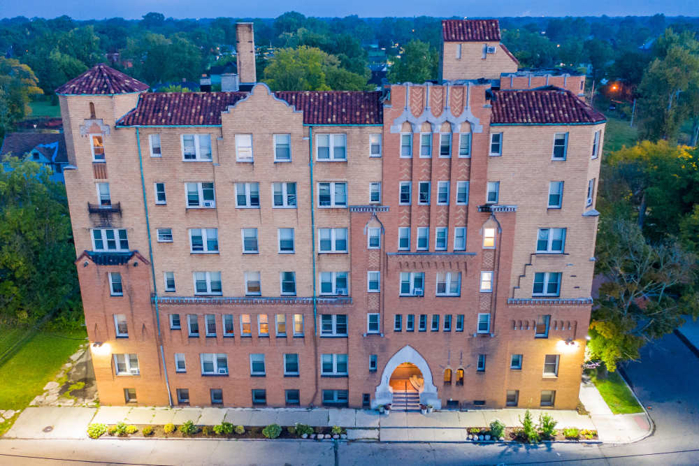 Property exterior in the evening at Detroit Living in Detroit,Michigan