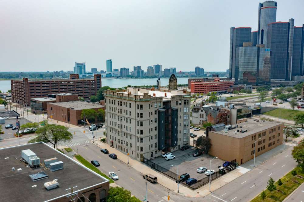 Aerial view housing community at Detroit Living in Detroit,