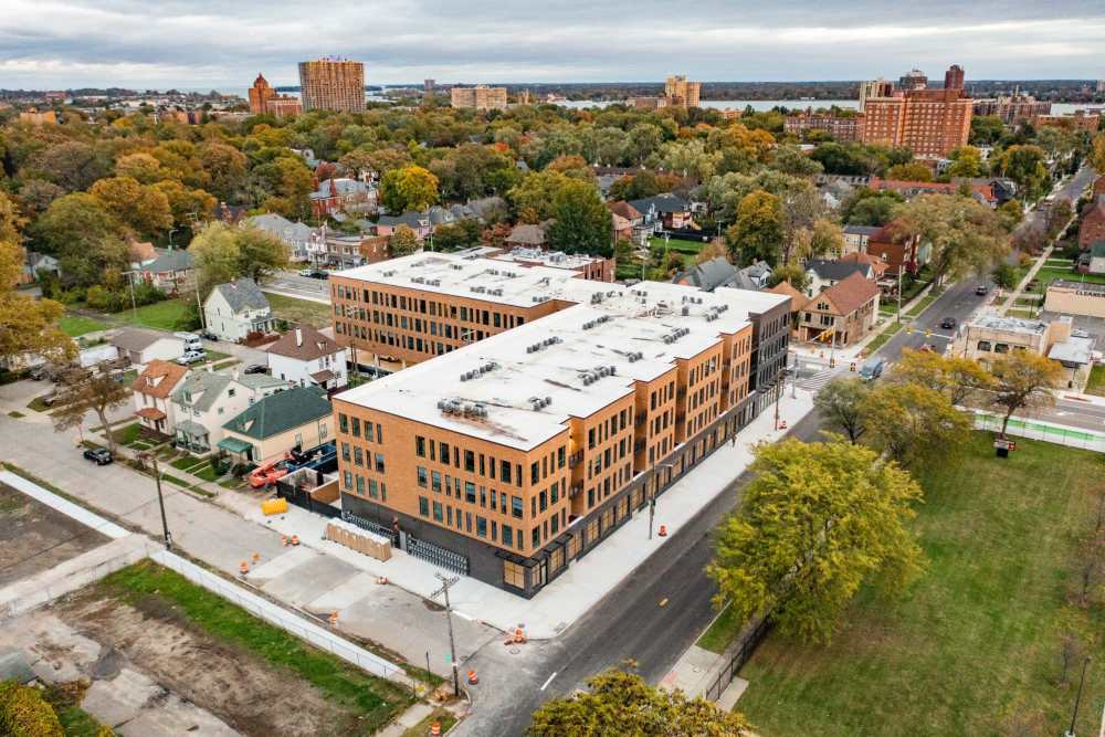 Aerial view housing community at Detroit Living in Detroit,