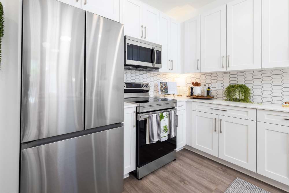 Stainless-steel appliances in an apartment kitchen at The Lowe in Savannah, Georgia