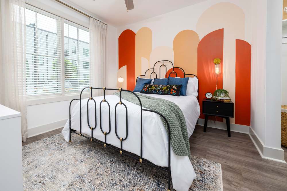 Cozy bedroom in a model home at The Lowe in Savannah, Georgia