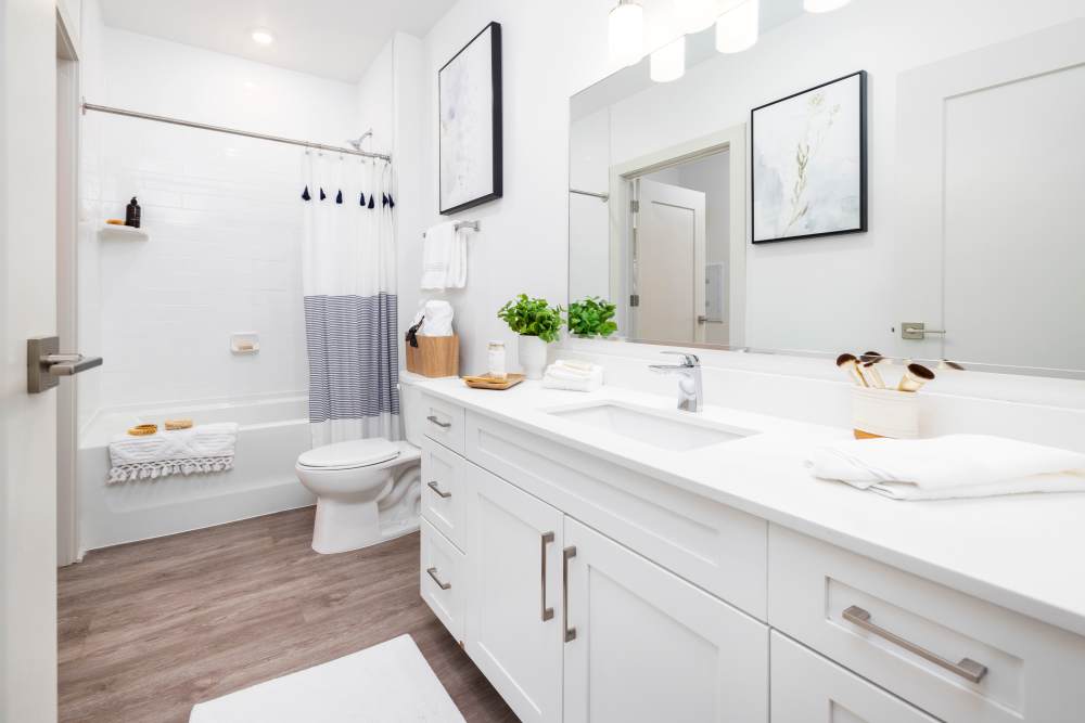Bathroom with a large vanity in a model home at The Lowe in Savannah, Georgia