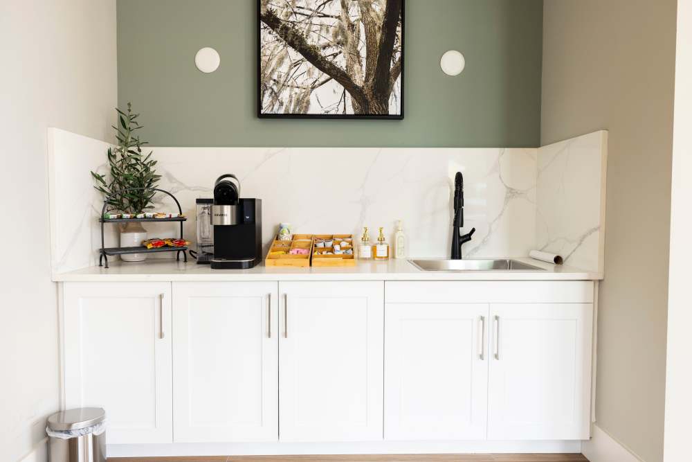 A coffee bar in the clubhouse at The Lowe in Savannah, Georgia