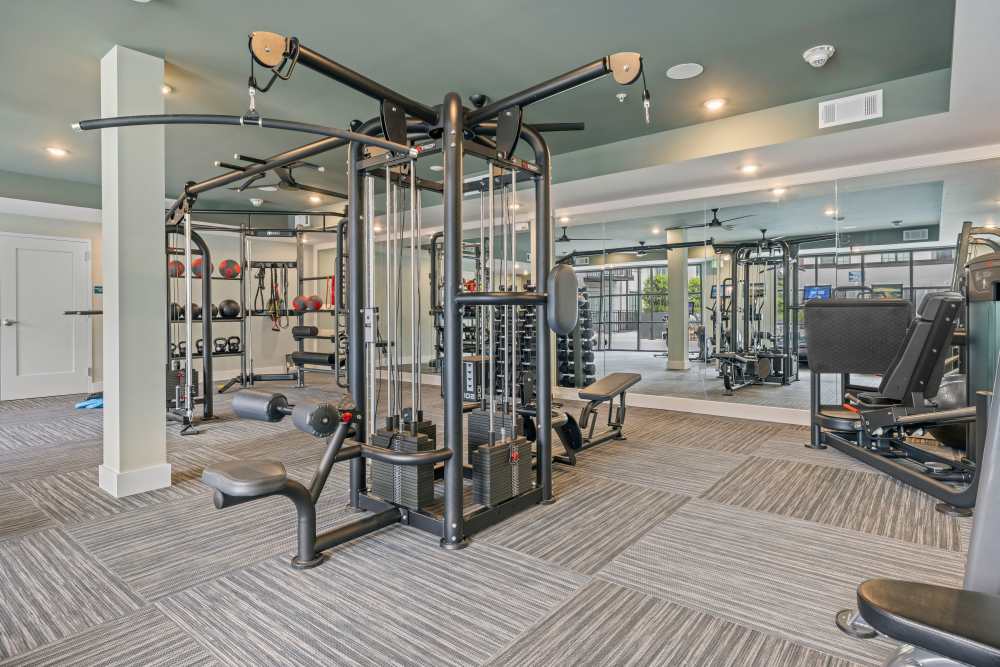 Upper body weightlifting equipment in the fitness center at The Lowe in Savannah, Georgia