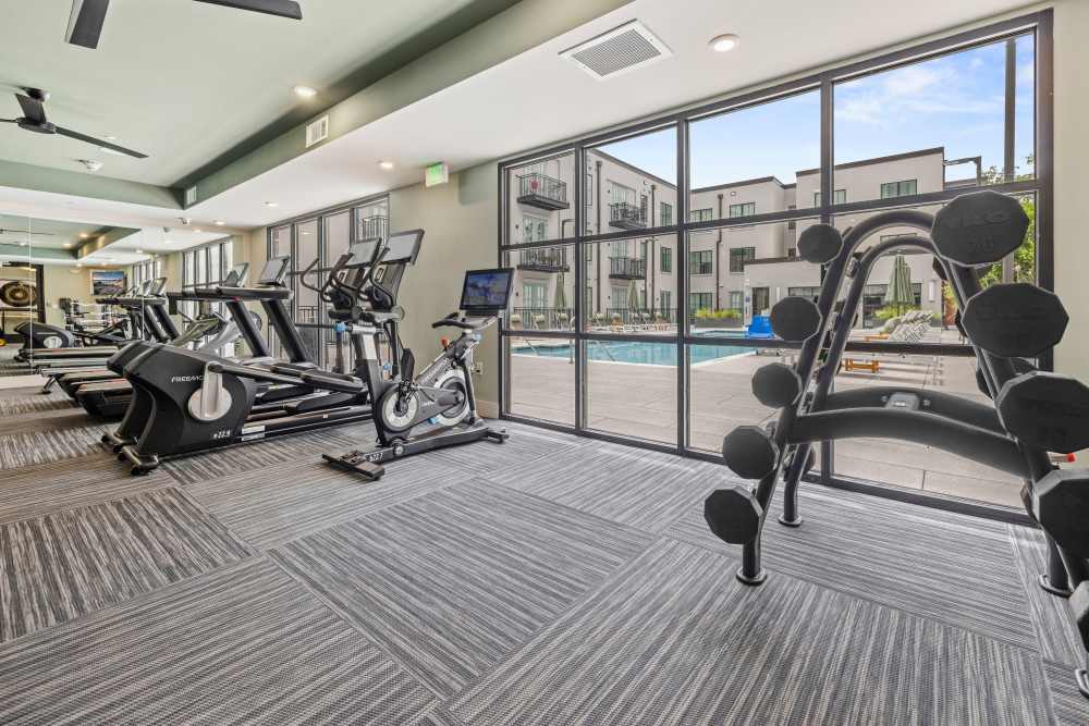 A row of cardio machines and rack of weights in the fitness center at The Lowe in Savannah, Georgia