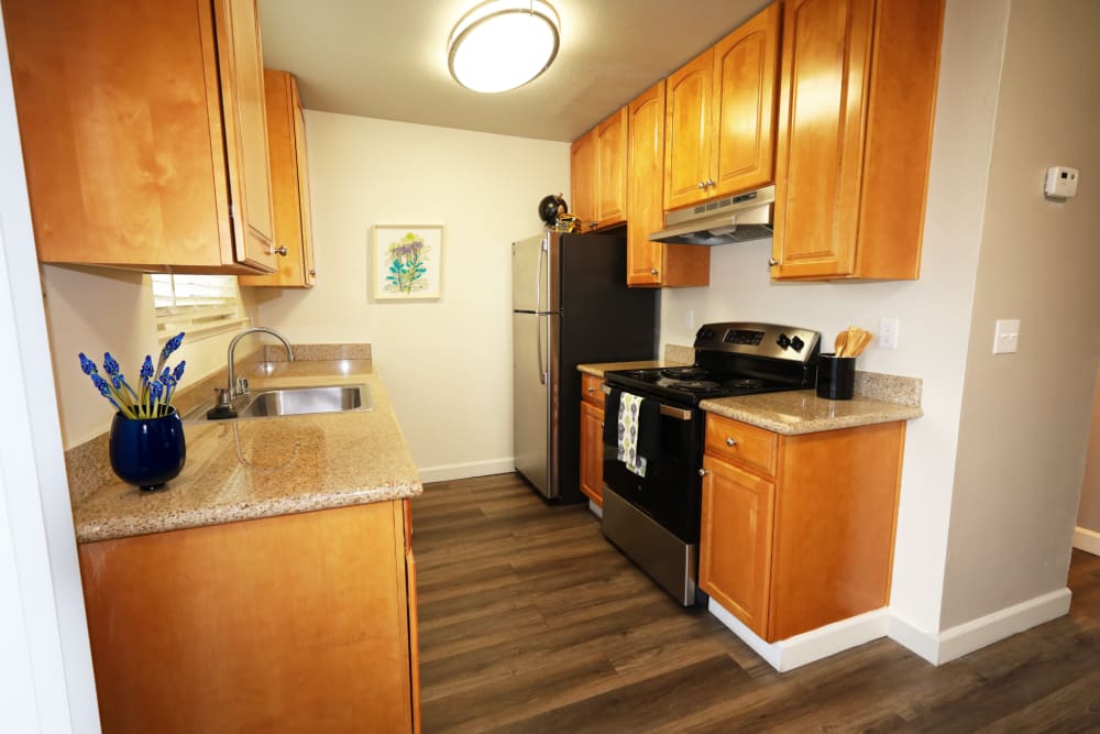 Kitchen with wooden cabinet at Westwood Apartments in Davis, California