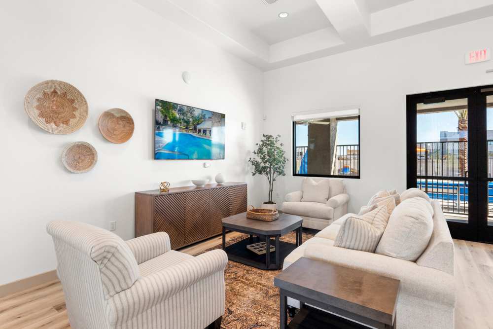 Clubhouse entrance area with view to pool at Olympus at Arroyo Verde in Tucson, Arizona