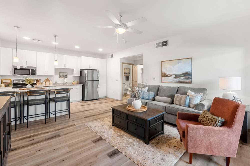 Living room with beautiful wall art at Olympus at Arroyo Verde in Tucson, Arizona