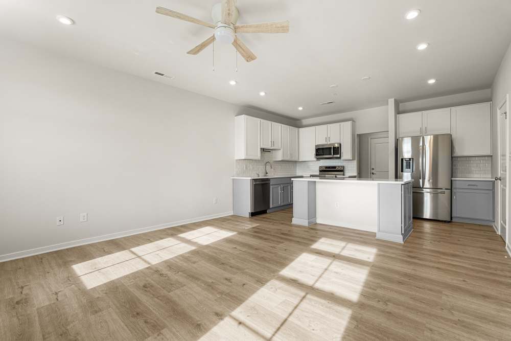 Light-filled open concept layout in a townhome at The Westbrook at Brewer's Row in Richmond, Virginia