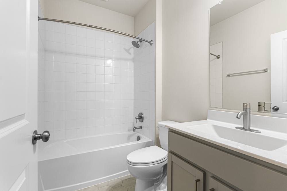 Townhome bathroom with shower and vanity at The Westbrook at Brewer's Row in Richmond, Virginia