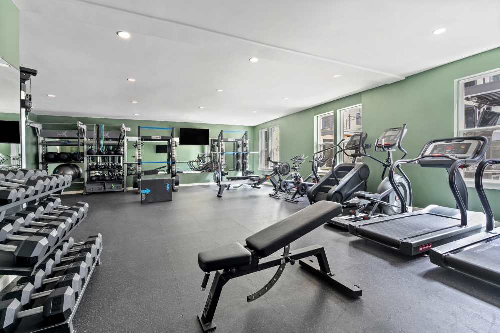 Fitness gym with workout equipment at The Alder on Dabney in Richmond, Virginia