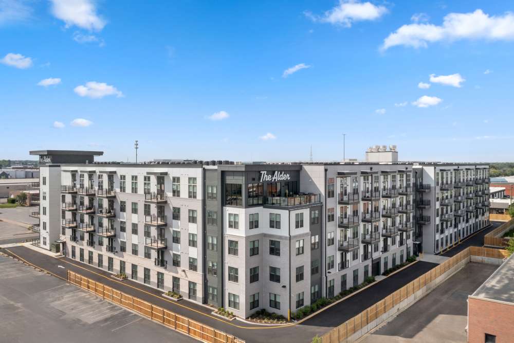 Building exterior on a sunny day at The Alder on Dabney in Richmond, Virginia