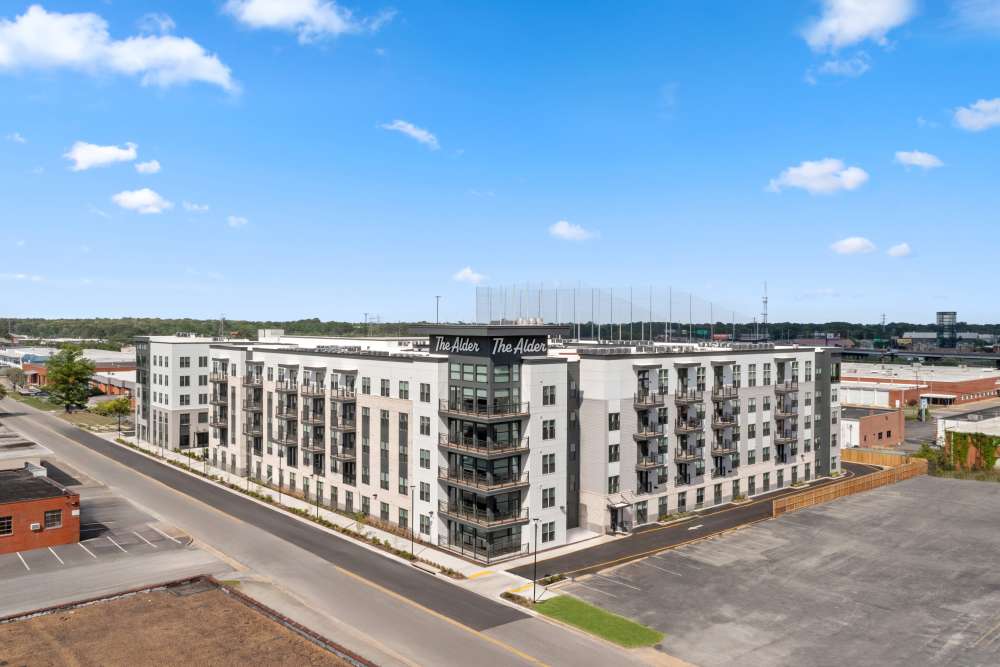 Bird's eye view of the apartment buildings at The Alder on Dabney in Richmond, Virginia