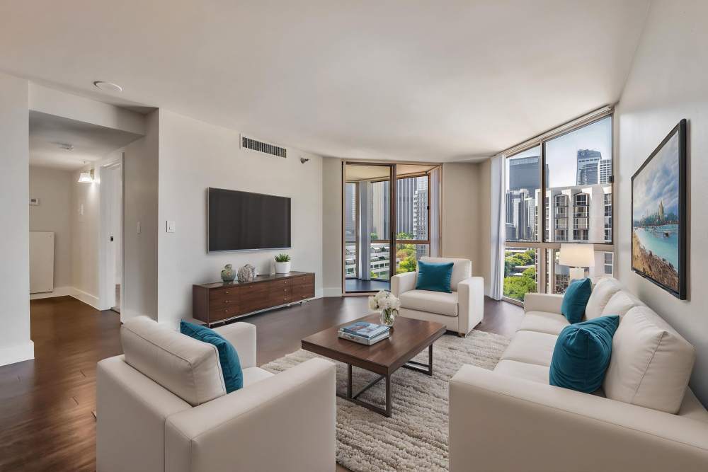Studio apartment living room at Promenade Towers in Los Angeles, California