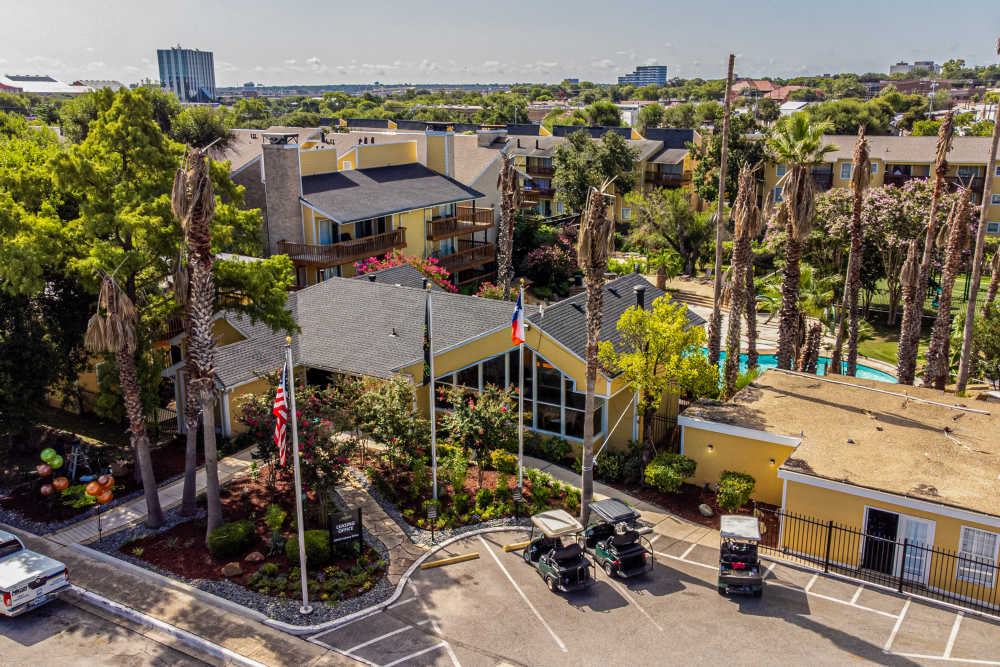 Aerial view of the community area at Palatia Apartment Homes in San Antonio, Texas