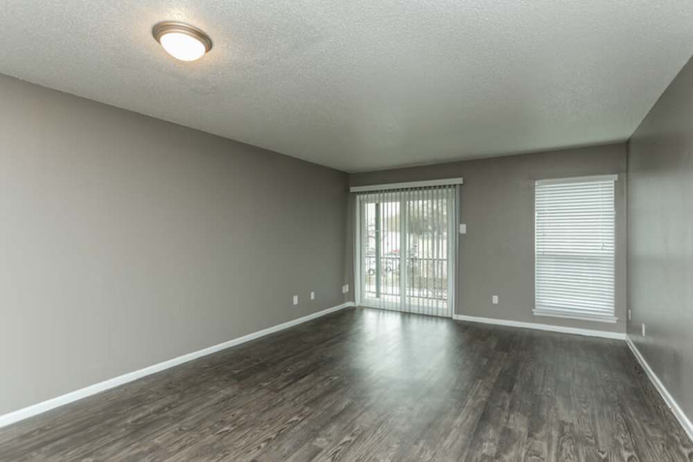 Spacious living room with wood-style flooring at Palatia Apartment Homes in San Antonio, Texas