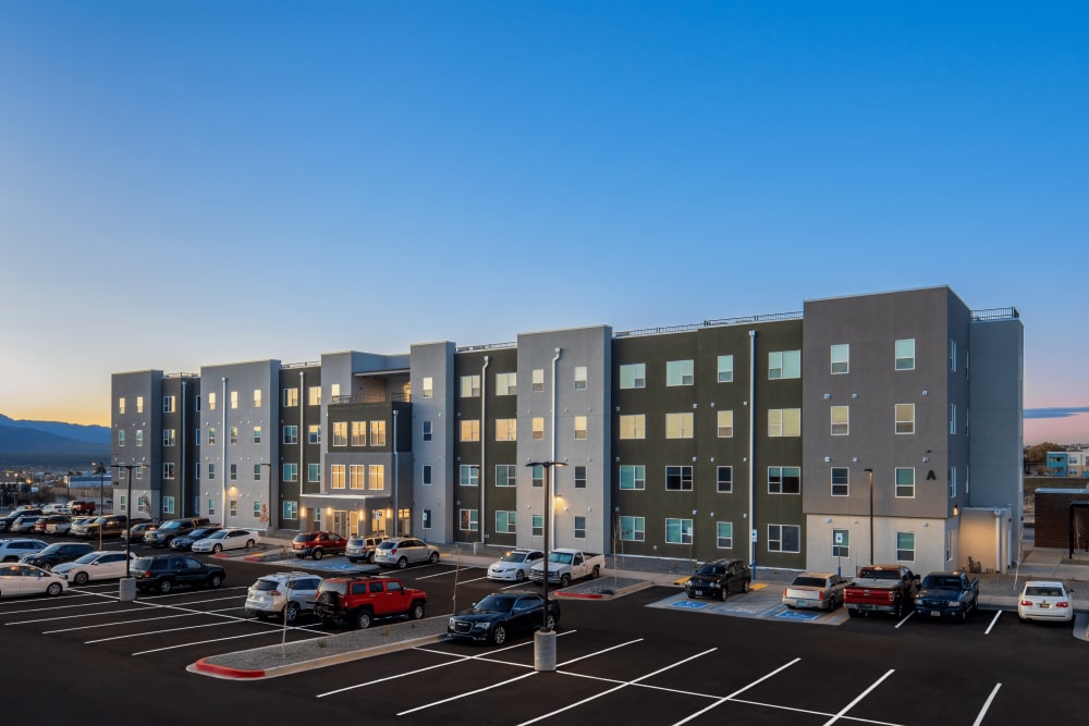 View of apartment building at Casa de Encantada Senior Apartments in Rio Rancho, New Mexico