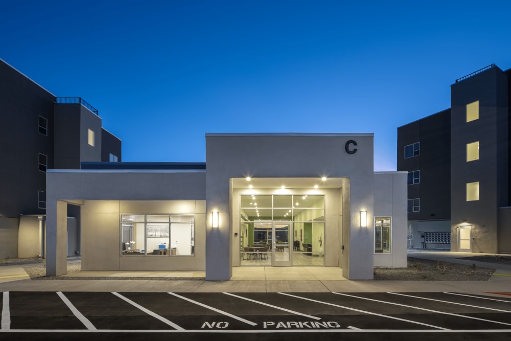 View of leasing building at Casa de Encantada Senior Apartments in Rio Rancho, New Mexico