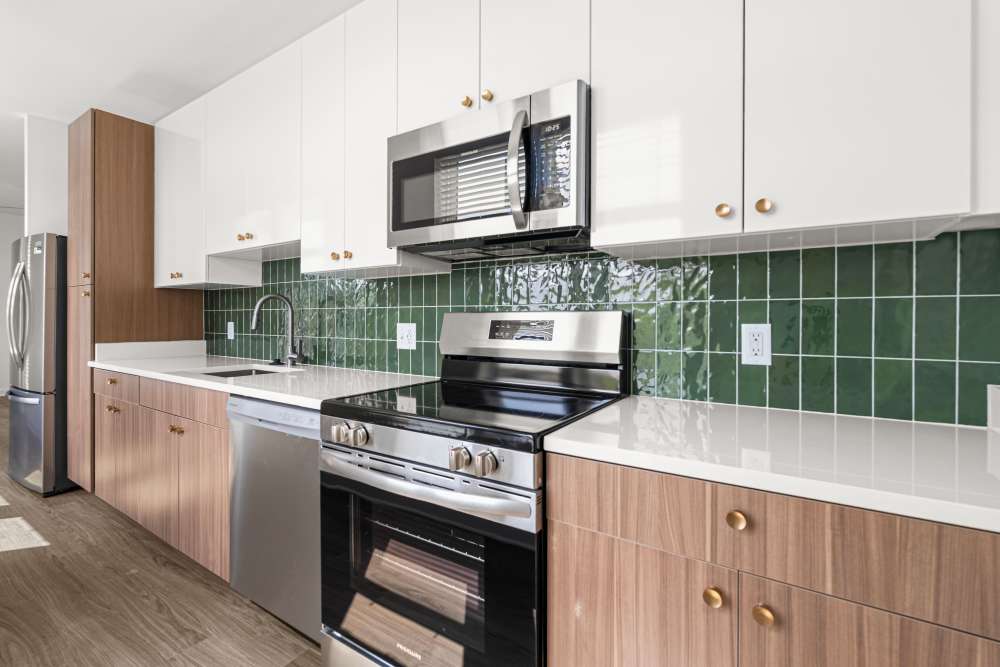Kitchen with stainless steel appliances at The Alder on Dabney in Richmond, Virginia