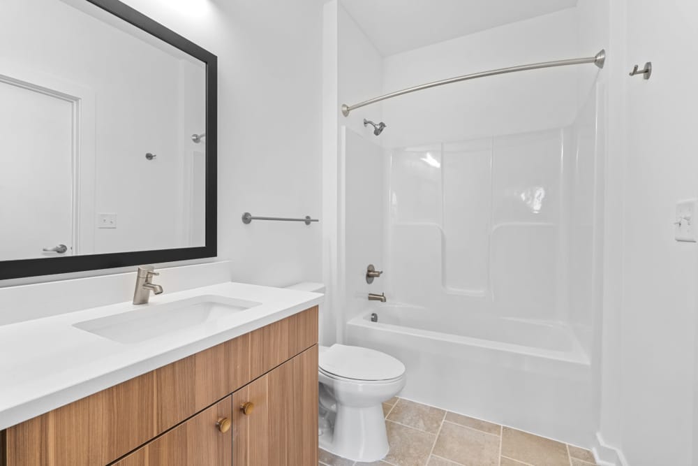 Bathroom with vanity, shower, and tub at The Alder on Dabney in Richmond, Virginia